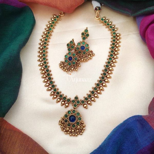 Unique Green and Blue Attigai Necklace