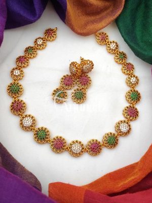 Beautiful Flower Design Ruby Emerald Necklace