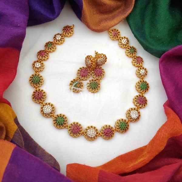 Beautiful Flower Design Ruby Emerald Necklace