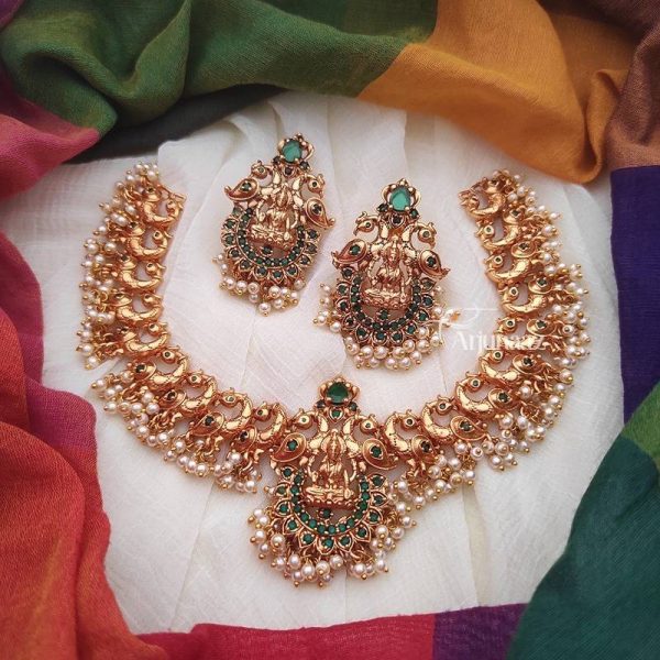 Gold Finish Lakshmi & Peacock Design Necklace