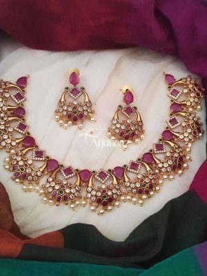Gorgeous Ruby CZ Stones Pearls Necklace