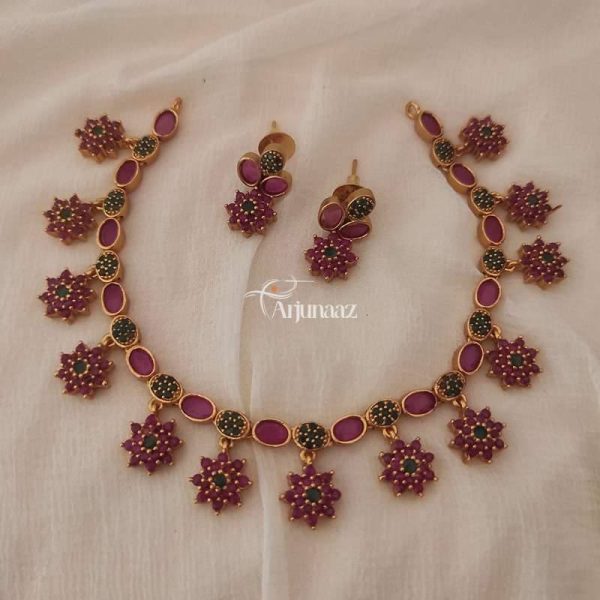 Ruby Emerald Floral Design Necklace