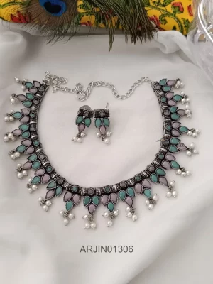 Light Pink and Blue German Silver Necklace