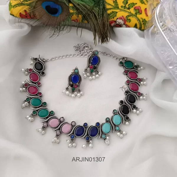 Multicolour Stone German Silver Necklace