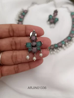 Unique Blue Pink Square Necklace