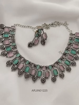 Stulish Pink and Blue German Silver Necklace