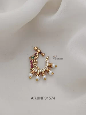 Imitation AD Stones Screw Type Nose Pin With Pearl Hangings