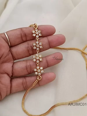 Gold Finish White Stones Round Flowers Mugappu Chain