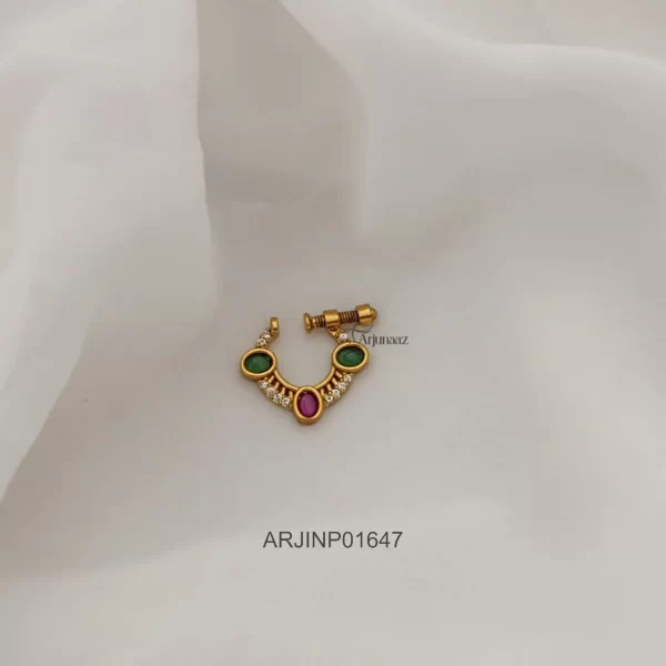 Oval Shape Ruby and Green Stone Nose Pin
