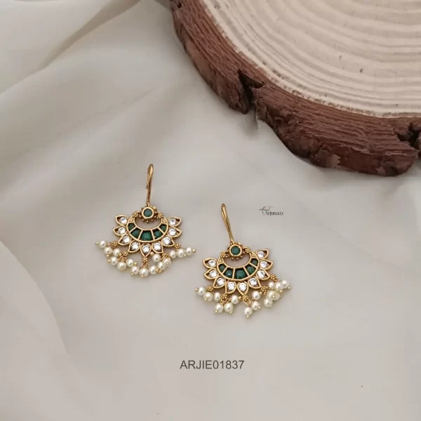 Green & White Hook Chandbali Earrings