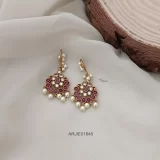 Flower Design Ruby & White Stone Hook Earrings