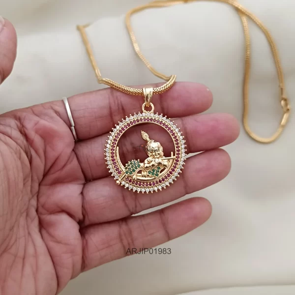 Gold Polish Multi Stone Krishna Pendant Chain