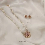 Floral Ruby Pendant Pearl Long Chain