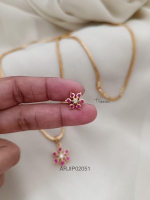 Floral Ruby and White Stone Pendant Chain Set