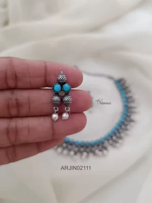 Blue Stone Pearl Hanging German Silver Necklace
