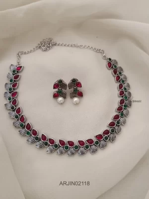 Ruby & Green Stone German Silver Necklace