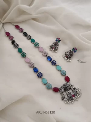 Elephant Pendant Multi Stone German Silver Necklace