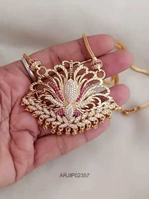 Vaagai Flower Ruby & White Stone Pendant Chain