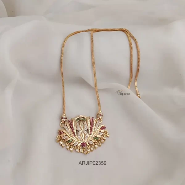 One Gram Gold Multi Stone Lotus Pendant Chain