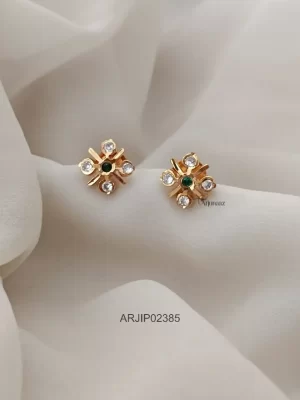 Diamond Look White & Green Stone Floral Stud Earrings