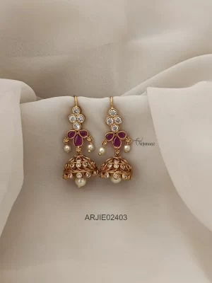 Traditional Ruby & White Stone Hook Earrings