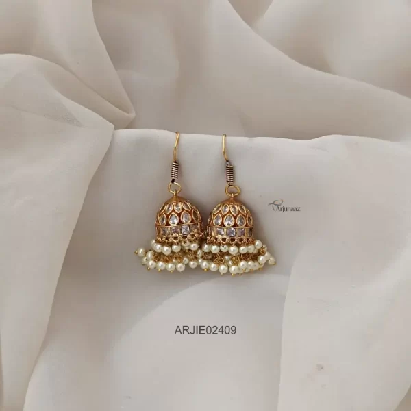 Matte Finish White Stone Hook Drop Jhumkas