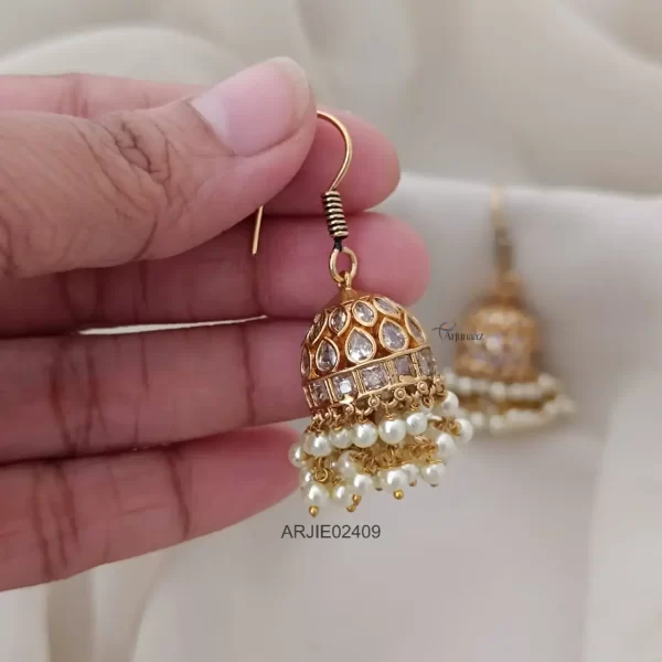 Matte Finish White Stone Hook Drop Jhumkas