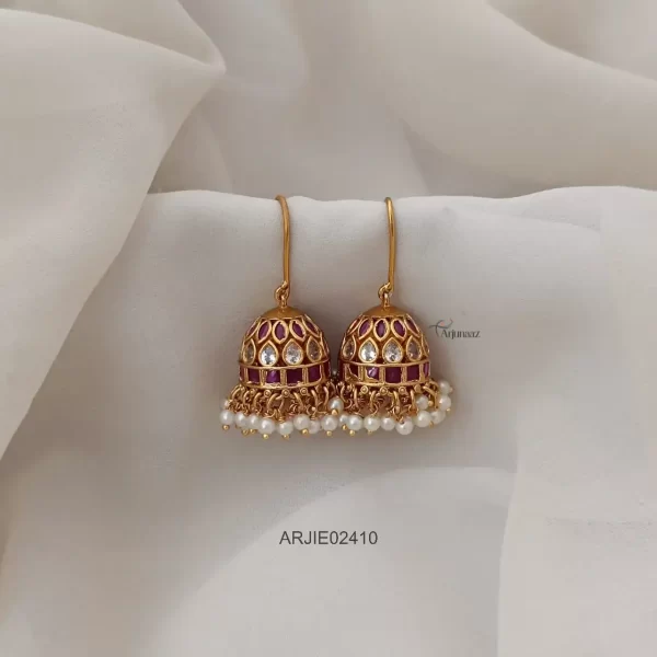 Antique Matte Ruby & White Stone Hook Drop Jhumkas