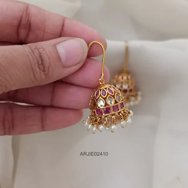 Antique Matte Ruby & White Stone Hook Drop Jhumkas