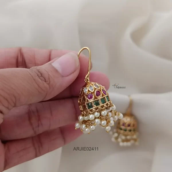 Antique Matte Multi Stone Hook Drop Jhumkas