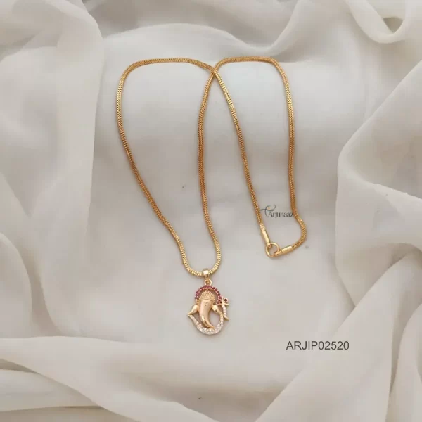 One Gram Gold Ruby and White Vinayaka Pendant Chain