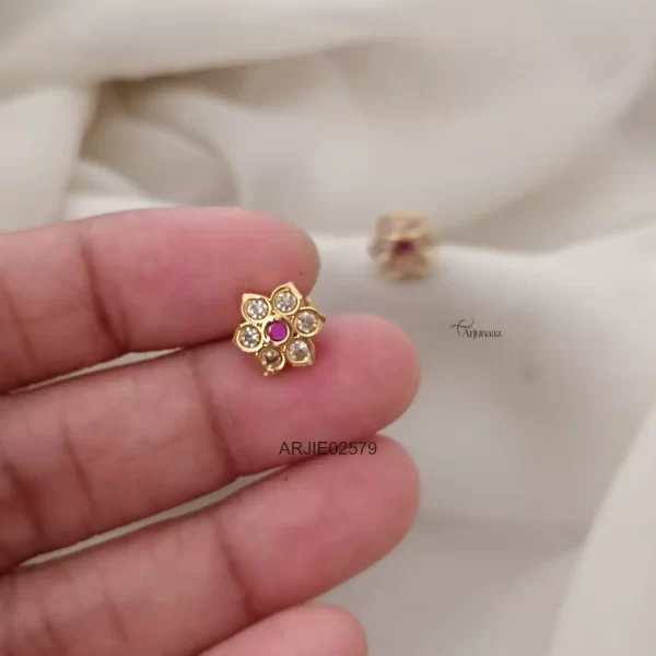 Ruby & White Stone Screw Back Earrings
