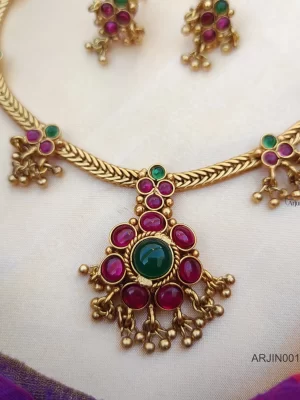 Traditional Pink & Green Stone Attigai Necklace