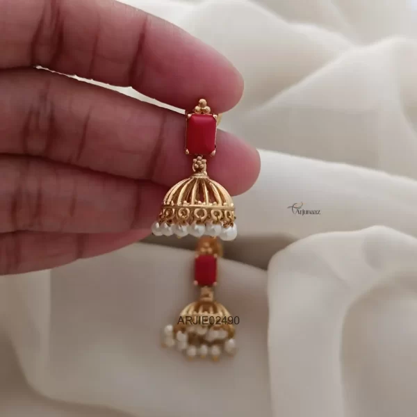 Traditional Coral with Pearl Jhumkas