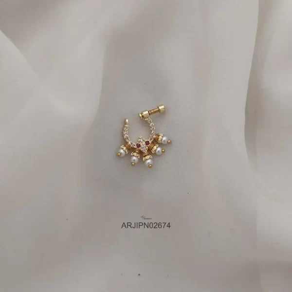 White & Ruby Bridal Pearl Nose Ring