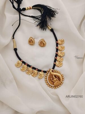 Peacock and Lakshmi Black Thread Necklace