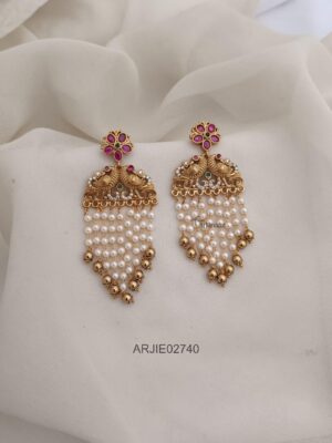 Peacock Layered Pearl with Gold Beads Earrings