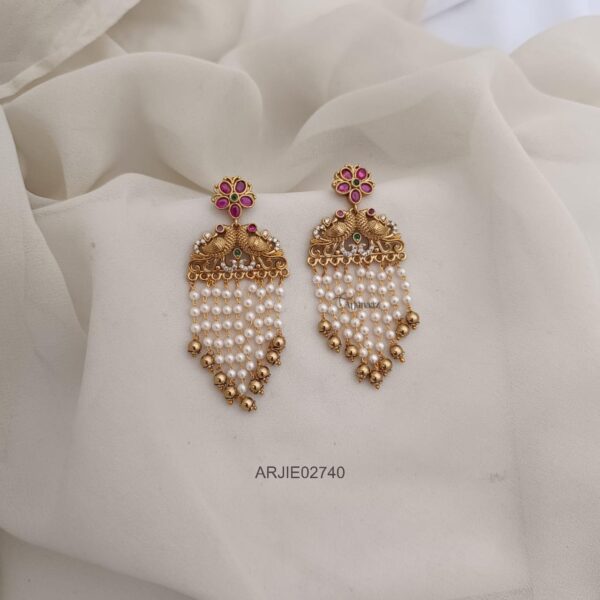 Peacock Layered Pearl with Gold Beads Earrings