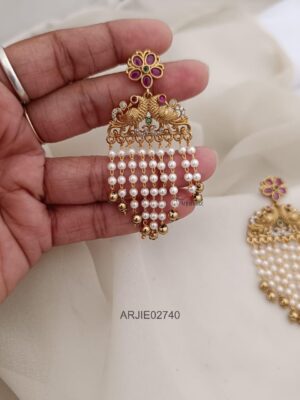 Peacock Layered Pearl with Gold Beads Earrings