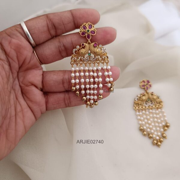 Peacock Layered Pearl with Gold Beads Earrings