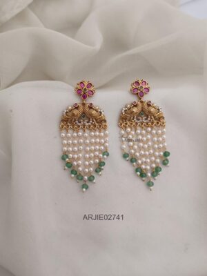 Peacock Layered Pearl with Green Beads Earrings