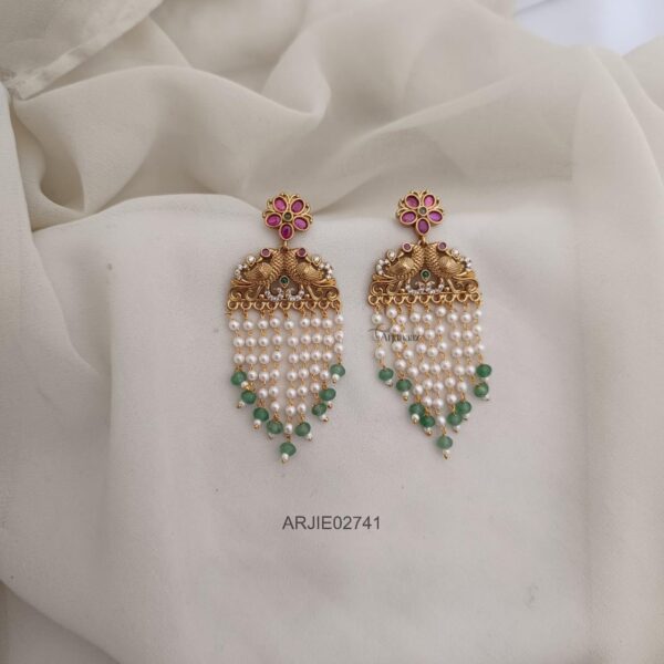 Peacock Layered Pearl with Green Beads Earrings
