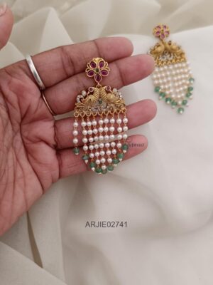 Peacock Layered Pearl with Green Beads Earrings