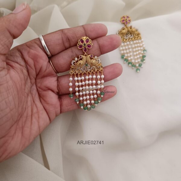 Peacock Layered Pearl with Green Beads Earrings