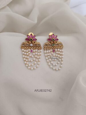 Floral Ruby Pearl Layered Earrings