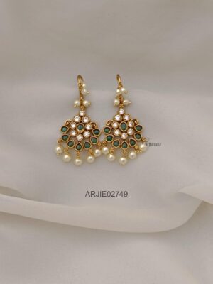 Green and White Pearl Hook Earrings