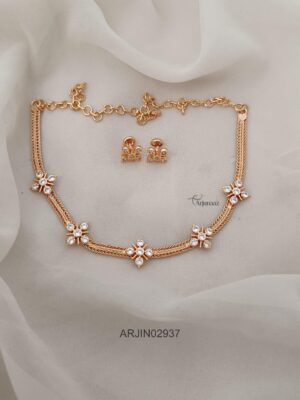 Gold Look Alike Floral White Stone Necklace ARJIE02937