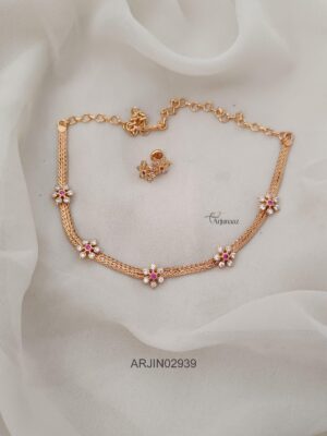 Gold Look Alike Floral Ruby and White Stone Necklace ARJIE02939