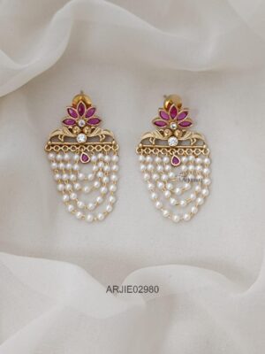 Ruby and White Layered Pearl Earrings