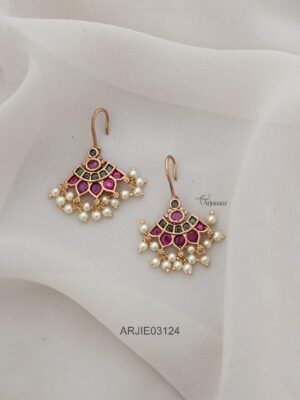 Ruby and Green Pearl Hook Drop Earrings